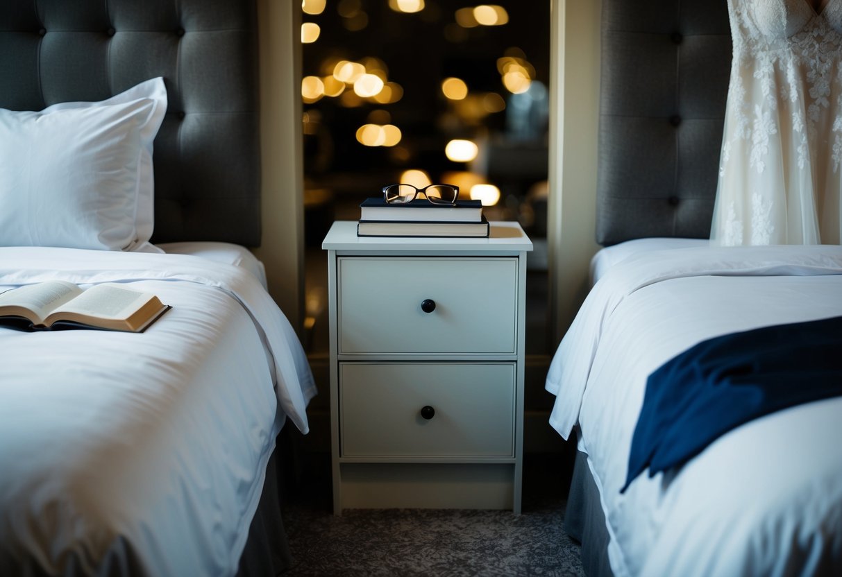 A split bed with separate nightstands, one holding a book and glasses, the other a wedding dress and suit