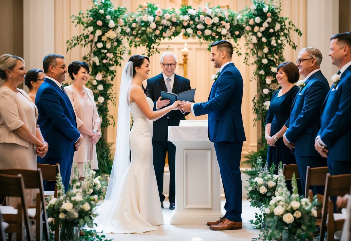 A couple stands at an altar exchanging vows while surrounded by family and friends. They are dressed in formal attire, and the atmosphere is celebratory with flowers and decorations