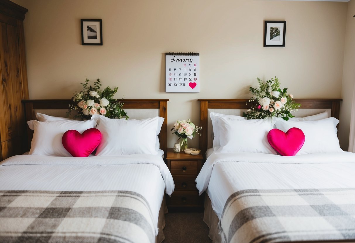 A cozy bedroom with two separate beds, adorned with wedding decorations. A calendar marks the date with a heart
