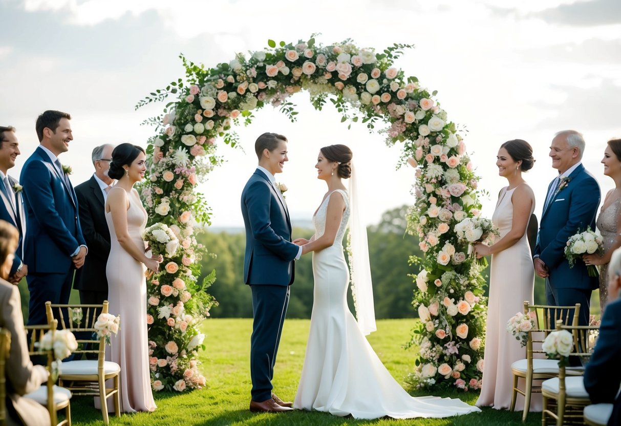 A couple stands facing each other under a floral arch, surrounded by friends and family. The atmosphere is joyous and celebratory, with the couple exchanging vows and rings