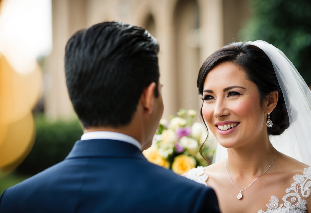 A figure turning away from a smiling bride, with a closed mouth and a neutral expression