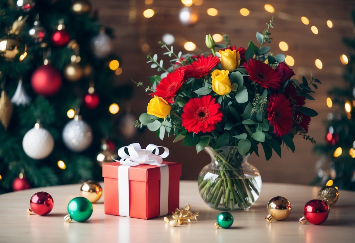 A bouquet of flowers and a gift box sit on a table, surrounded by festive decorations
