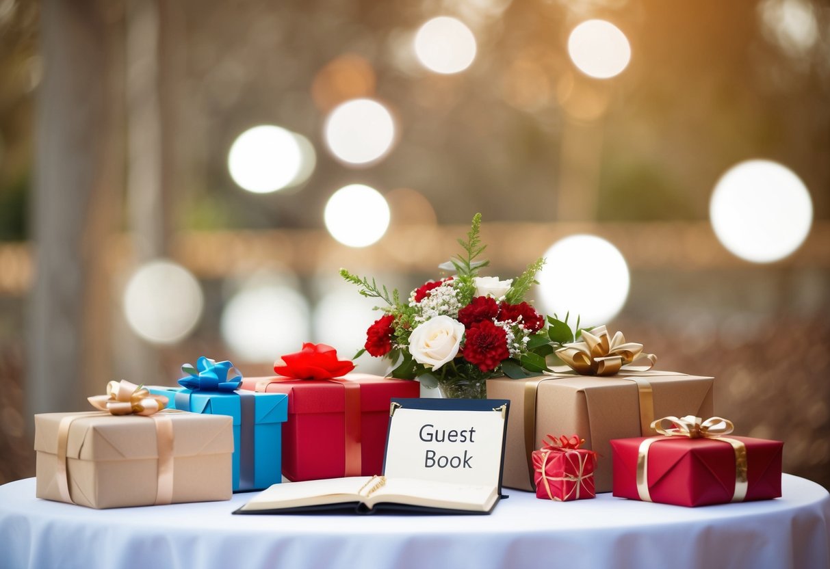 A table with wrapped gifts, flowers, and a guest book
