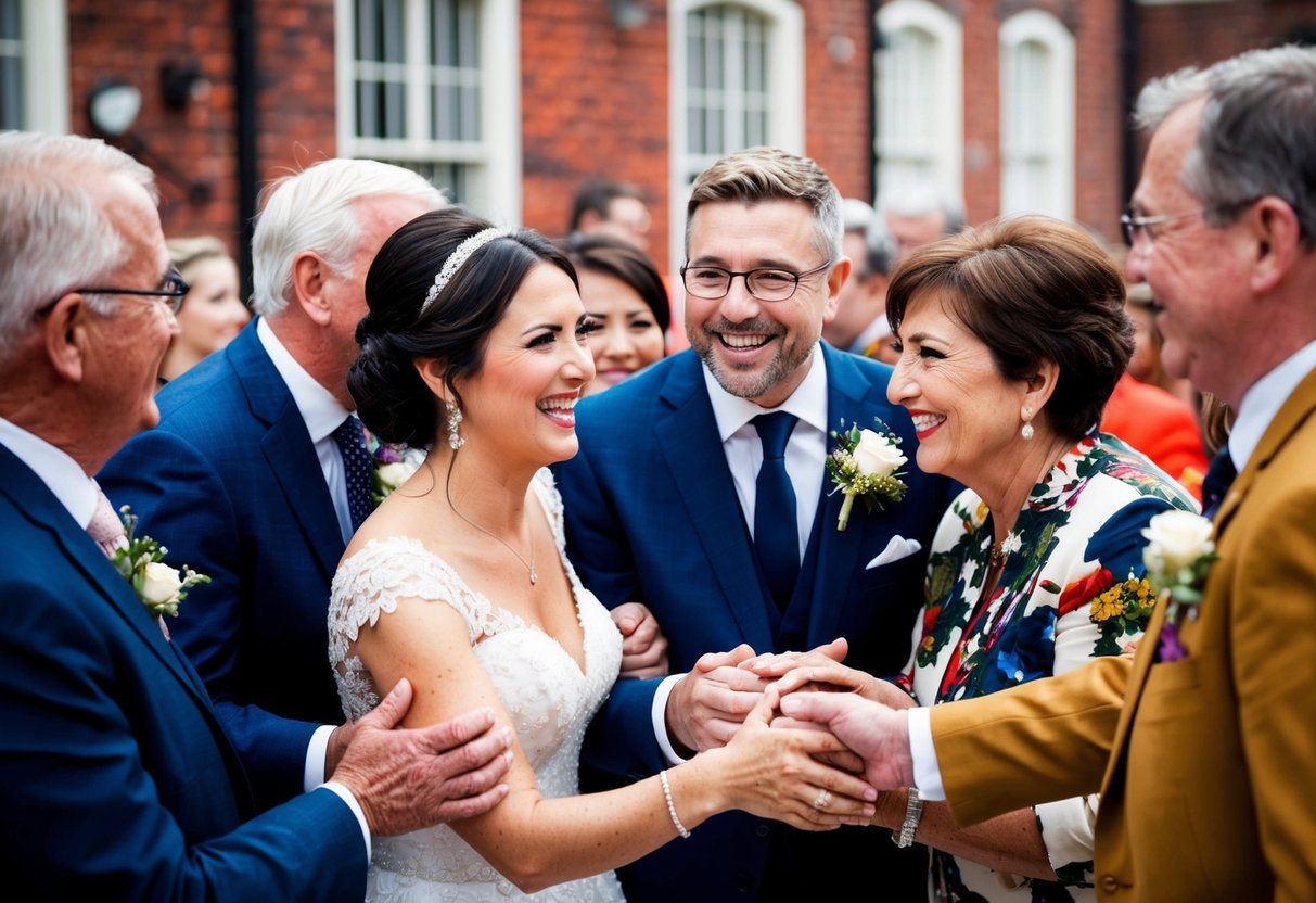 A bride surrounded by well-wishers, receiving hugs and smiles, while one person hesitates to offer congratulations