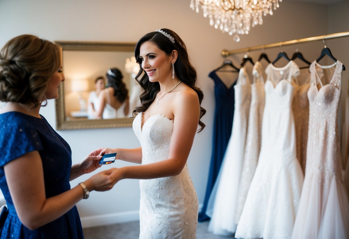 A bride holding a credit card while trying on wedding dresses in a boutique