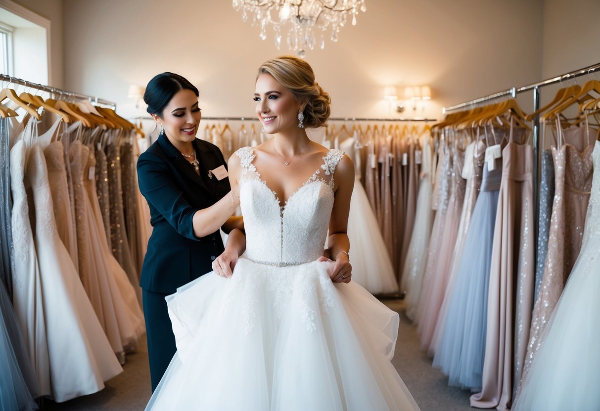 A bride holding a wedding dress in a boutique, surrounded by racks of beautiful gowns and accessories, while a salesperson assists her in choosing the perfect dress