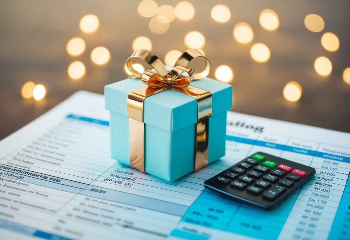 A wedding gift being placed on a budgeting spreadsheet with various amounts and categories organized neatly