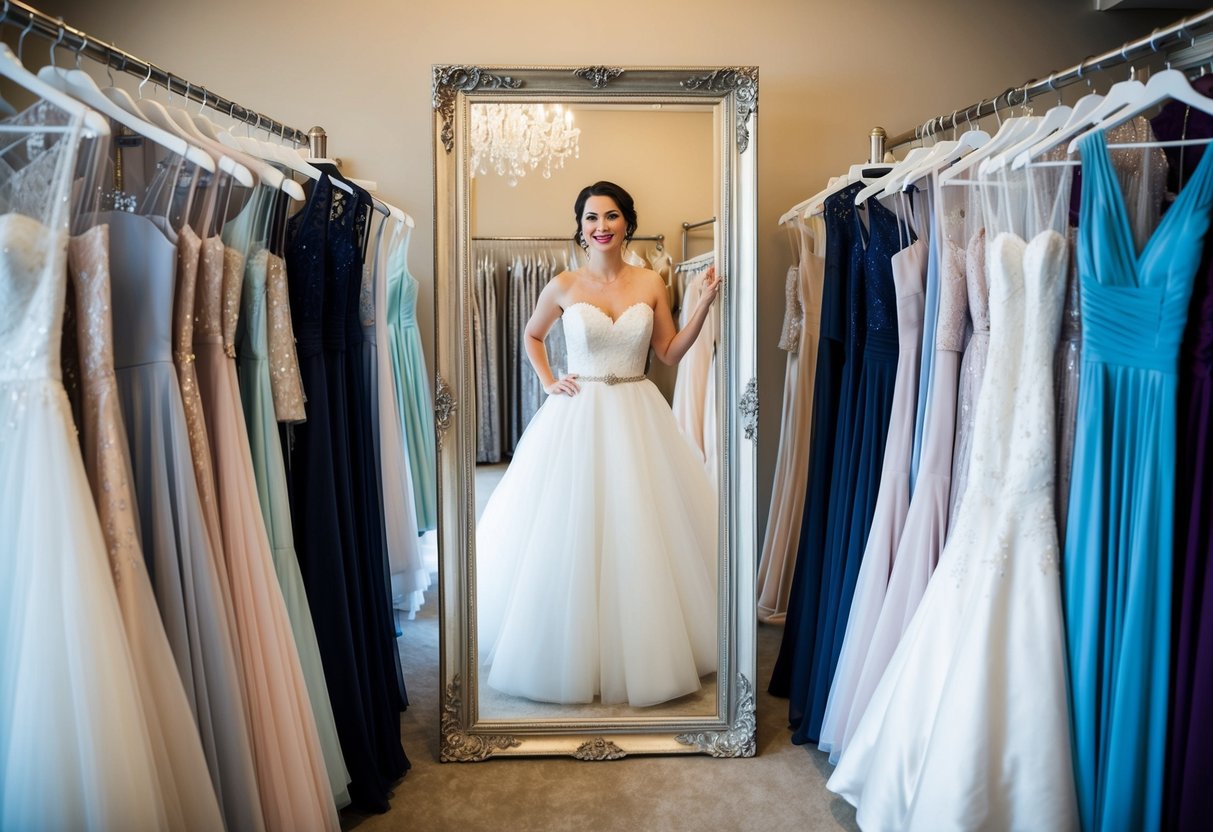 A bride standing in a bridal boutique, surrounded by racks of wedding dresses, holding a gown up to herself in front of a full-length mirror