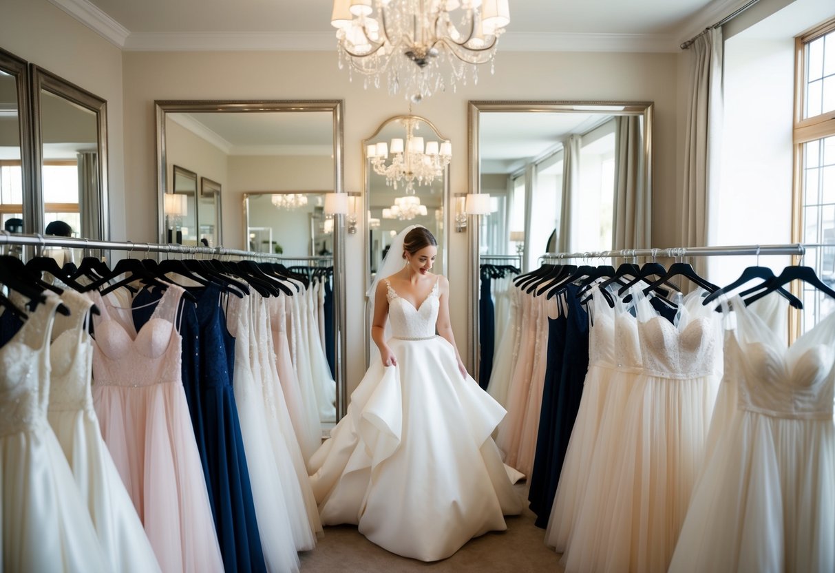 A bride browsing through racks of wedding dresses in a boutique, surrounded by mirrors and soft lighting