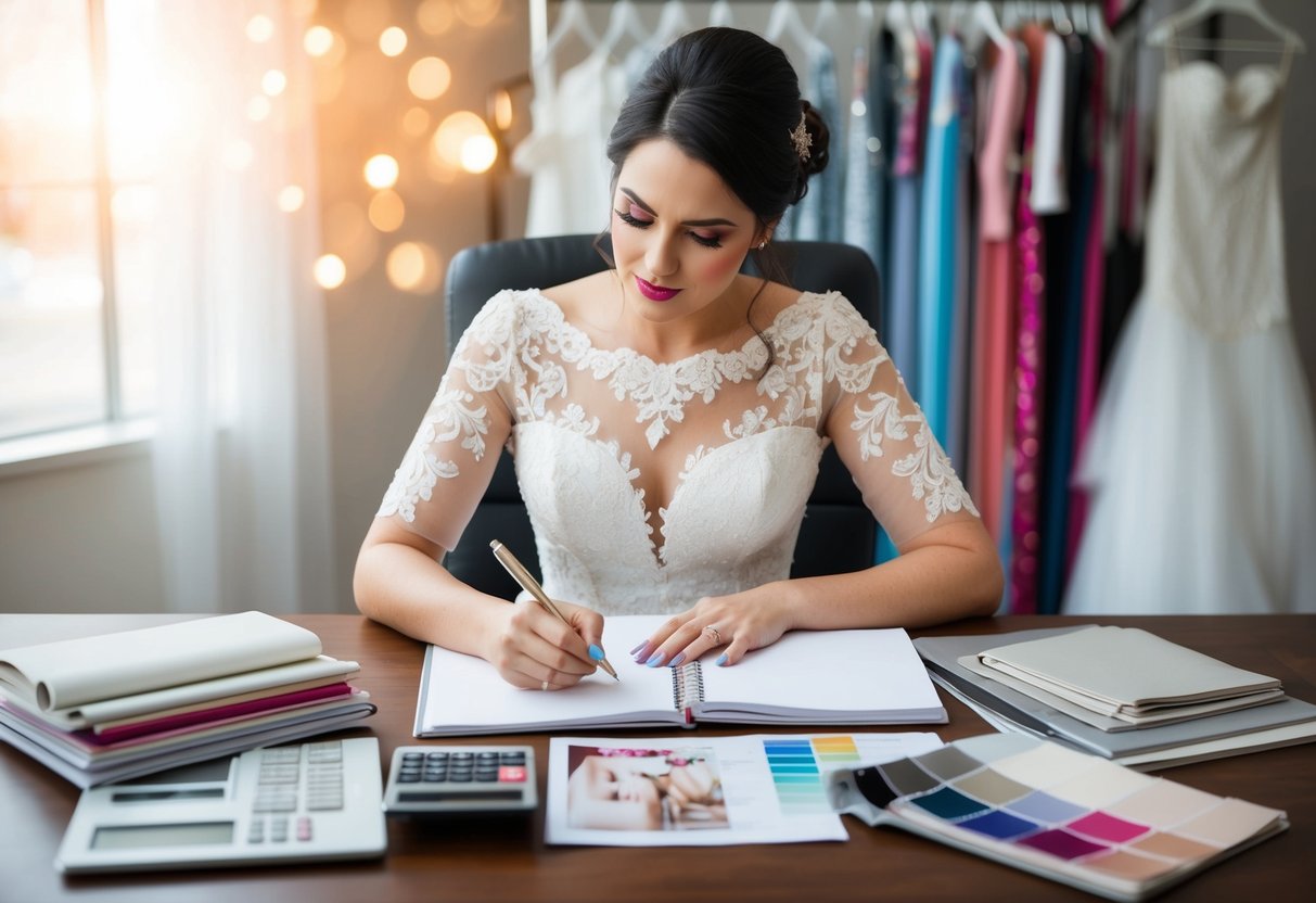 A bride sits at a desk with a notebook and pen, surrounded by bridal magazines, swatches of fabric, and a calculator. She looks determined as she begins to plan her wedding dress budget