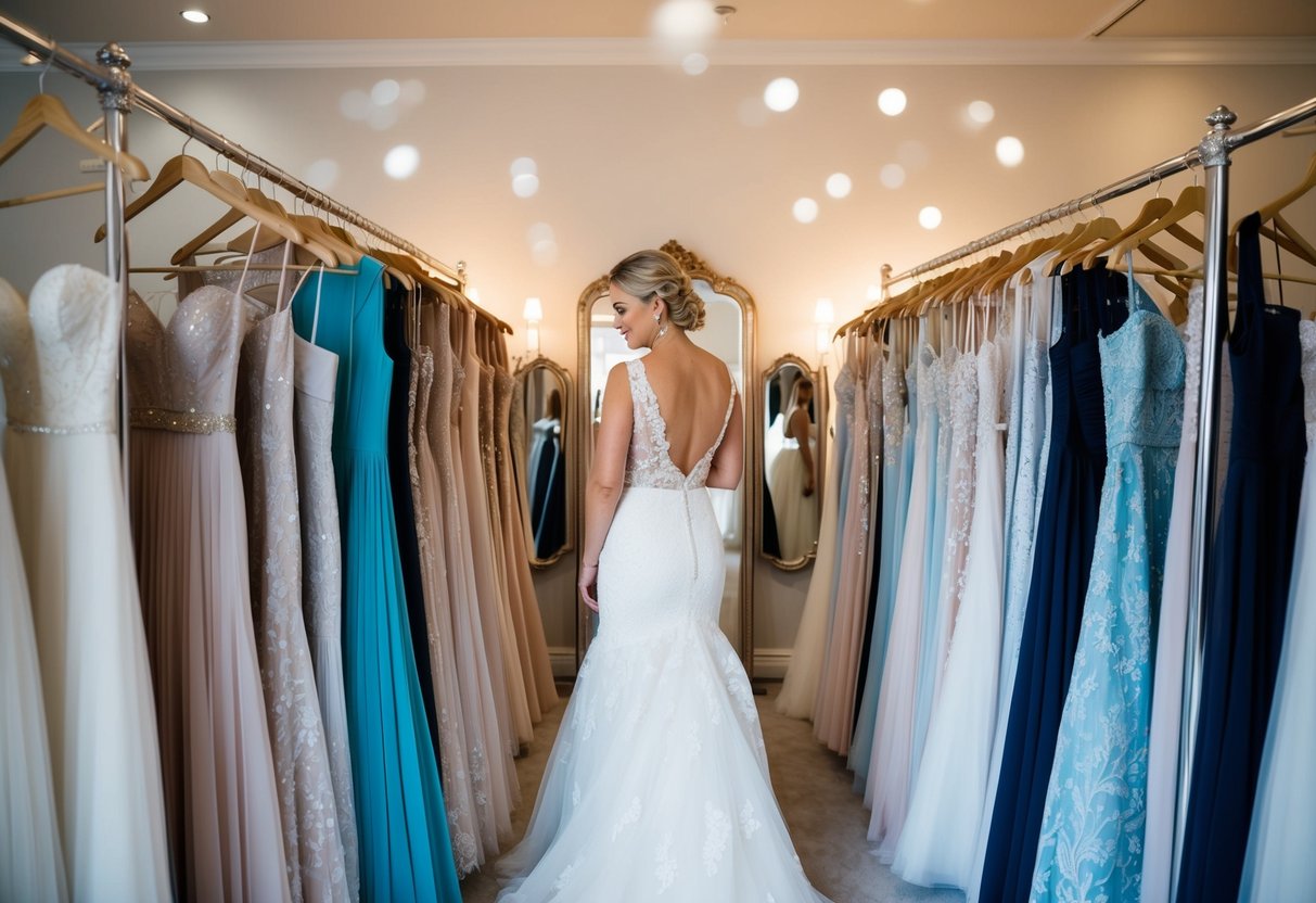 A bride-to-be browsing through racks of wedding dresses at a bridal boutique, surrounded by mirrors and soft lighting