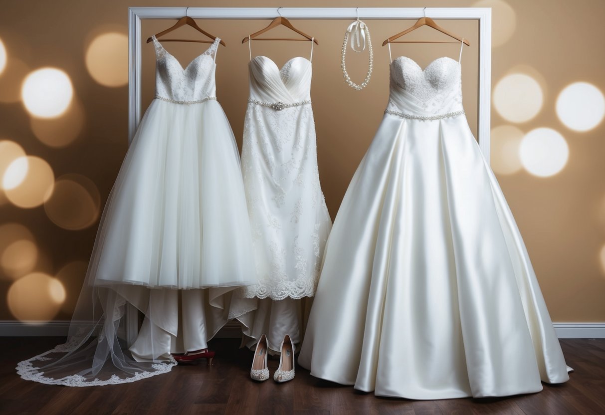 A bride's wardrobe: one elegant wedding gown, a reception dress, and a going-away outfit. Accessories include a veil, shoes, and jewelry
