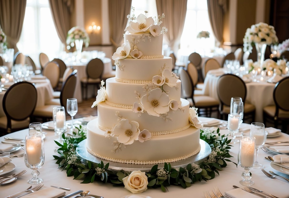 A luxurious wedding cake surrounded by intricate sugar flowers and delicate fondant details, displayed on a grand banquet table adorned with elegant linens and floral arrangements