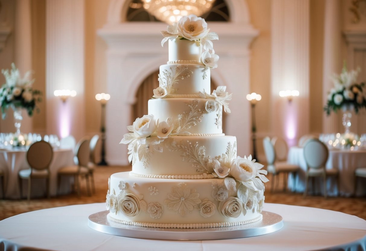 A luxurious wedding cake adorned with intricate sugar flowers and elaborate designs, displayed in a grand ballroom setting with elegant decor and soft lighting