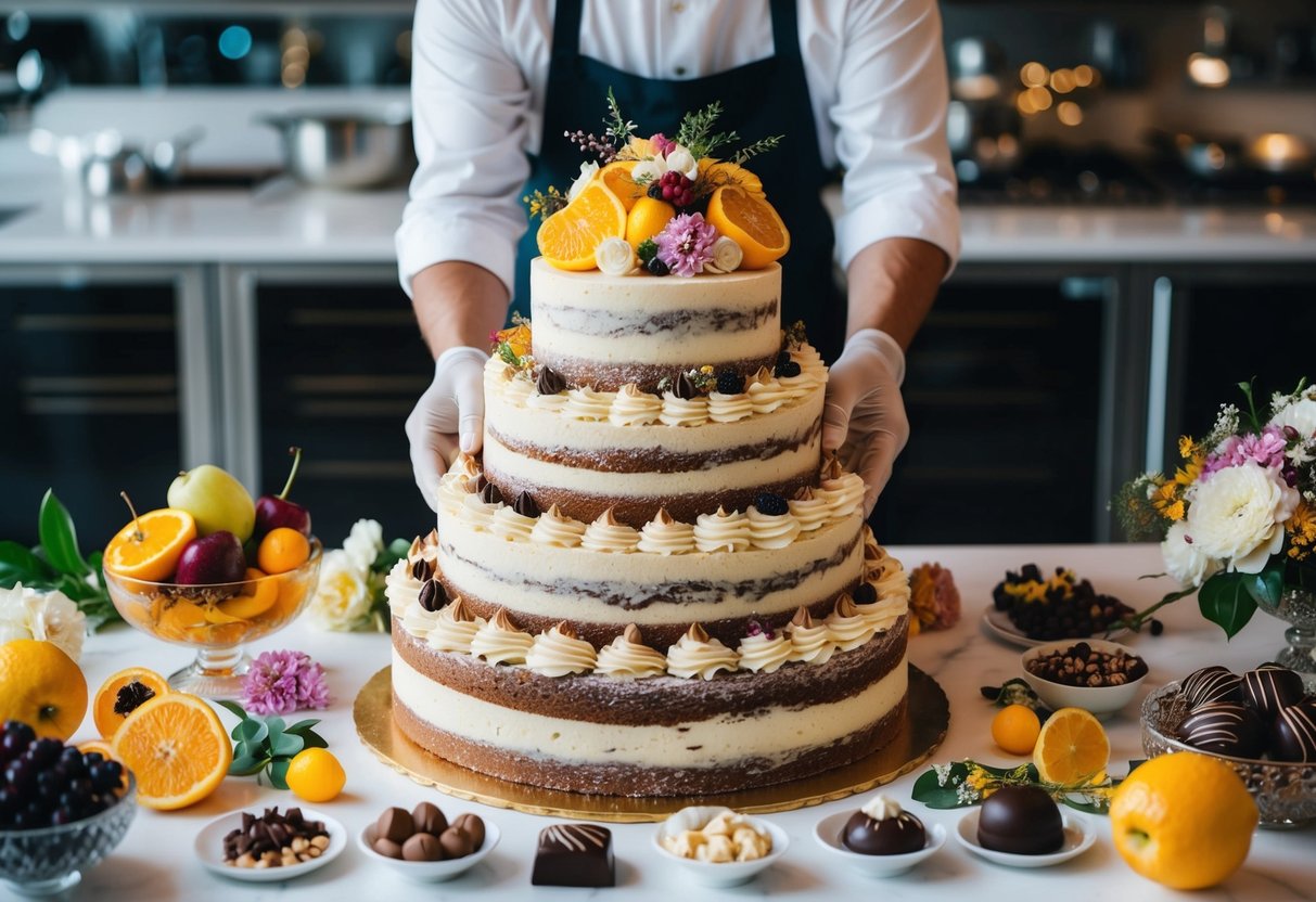 A lavish wedding cake being meticulously crafted with layers of delicate sponge, decadent frosting, and intricate decorations, surrounded by an array of expensive ingredients such as fresh fruits, edible flowers, and luxurious chocolates