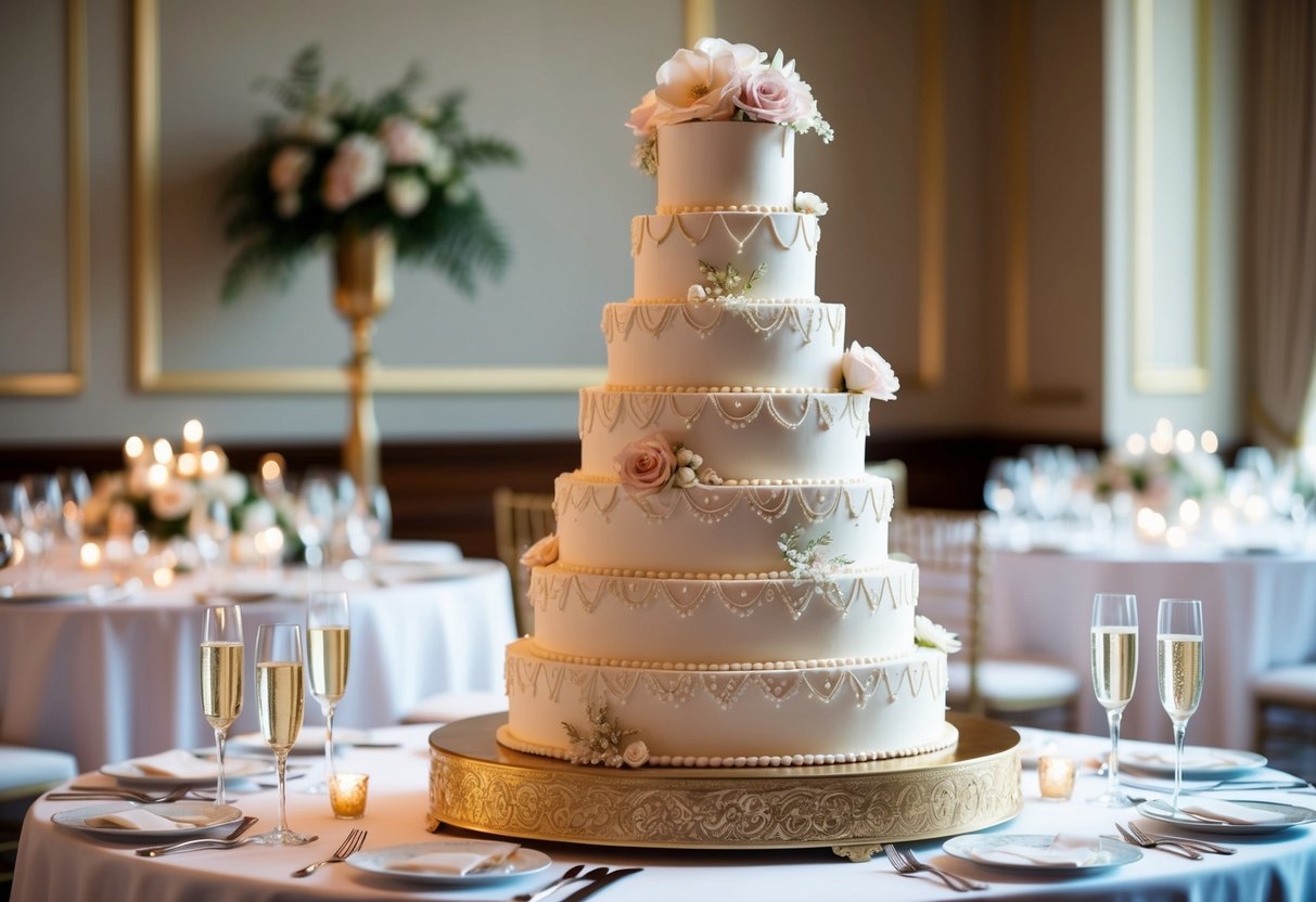 A towering, multi-tiered wedding cake adorned with intricate designs and delicate sugar flowers sits on a gilded stand, surrounded by elegant table settings and sparkling champagne flutes