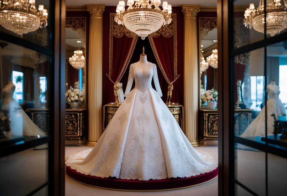 A grand royal wedding dress displayed in a luxurious setting with intricate lace and embellishments
