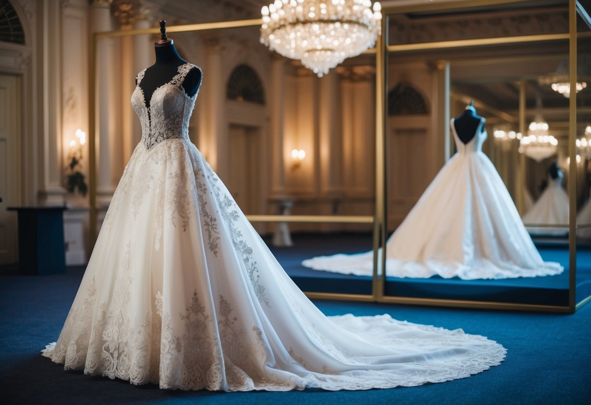 A regal wedding gown displayed in a grand ballroom with intricate lace, flowing fabric, and delicate embellishments