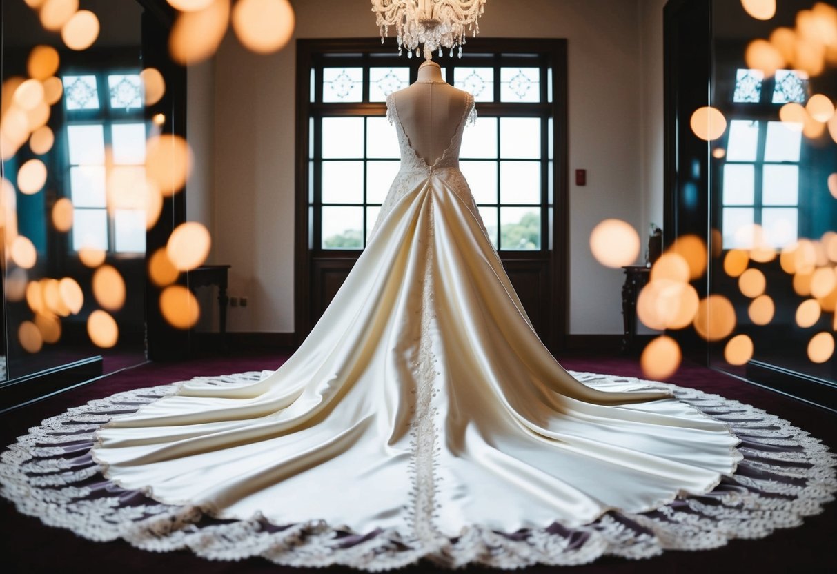 A luxurious, ivory silk wedding dress with a long train and lace detailing