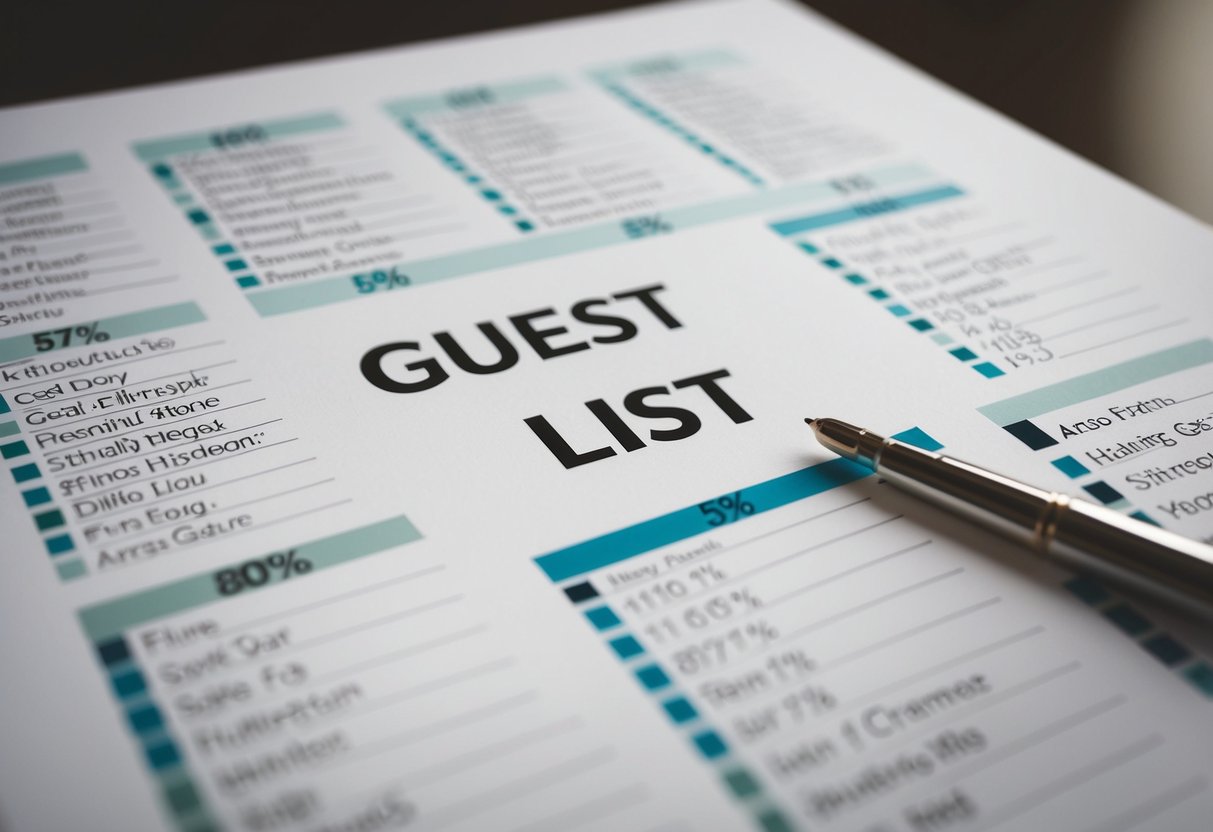 A wedding guest list is spread out with varying percentages highlighted