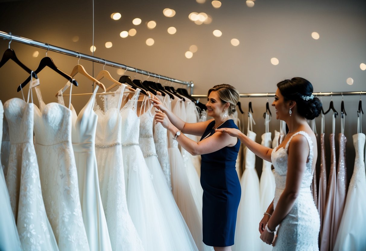 A row of wedding dresses on display, with a person trying on a few and a sales assistant assisting