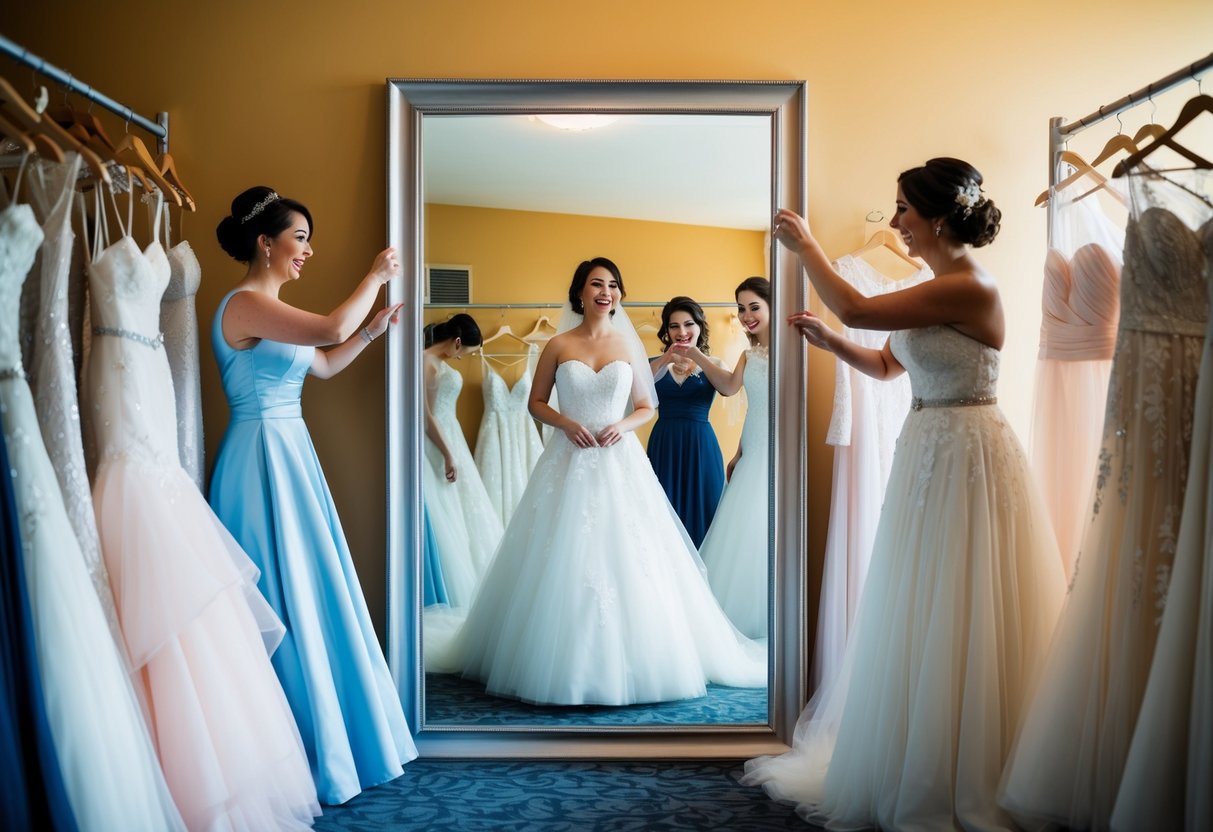 A bride surrounded by a variety of wedding dresses, eagerly trying on different styles in front of a large mirror
