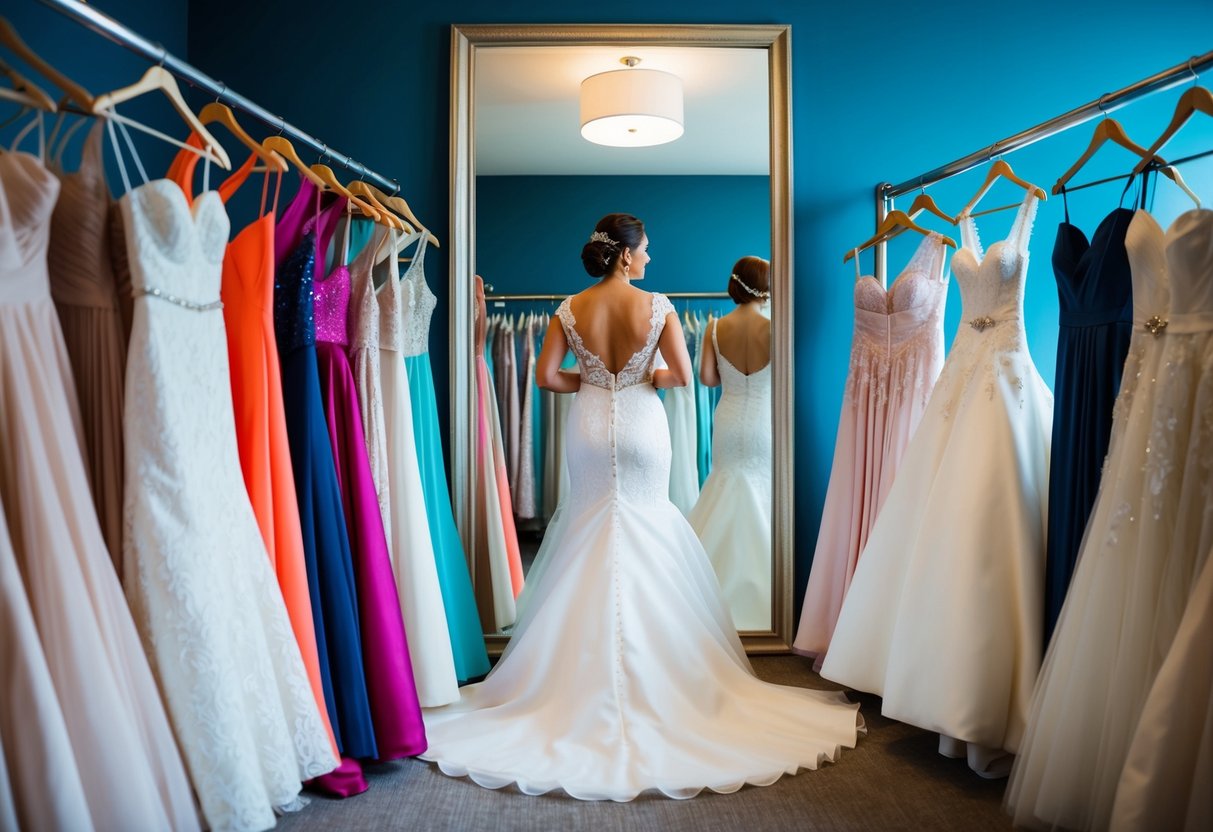 A bride surrounded by a variety of wedding dresses, trying on different styles and designs in front of a large mirror