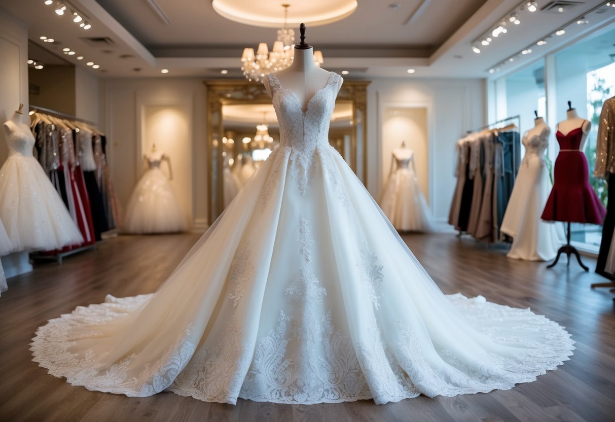 A luxurious wedding gown displayed on a mannequin in an elegant boutique showroom