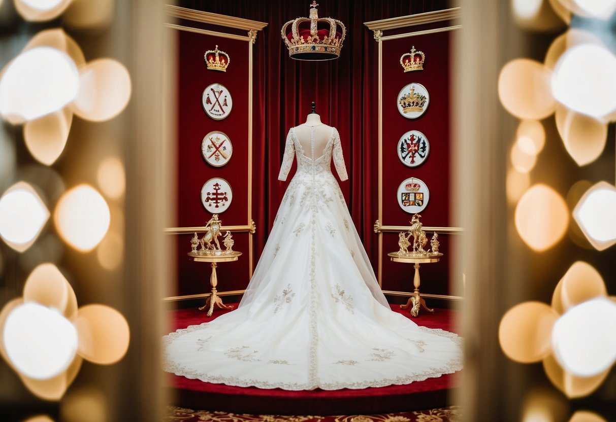 A grand wedding gown displayed with royal symbols and significance