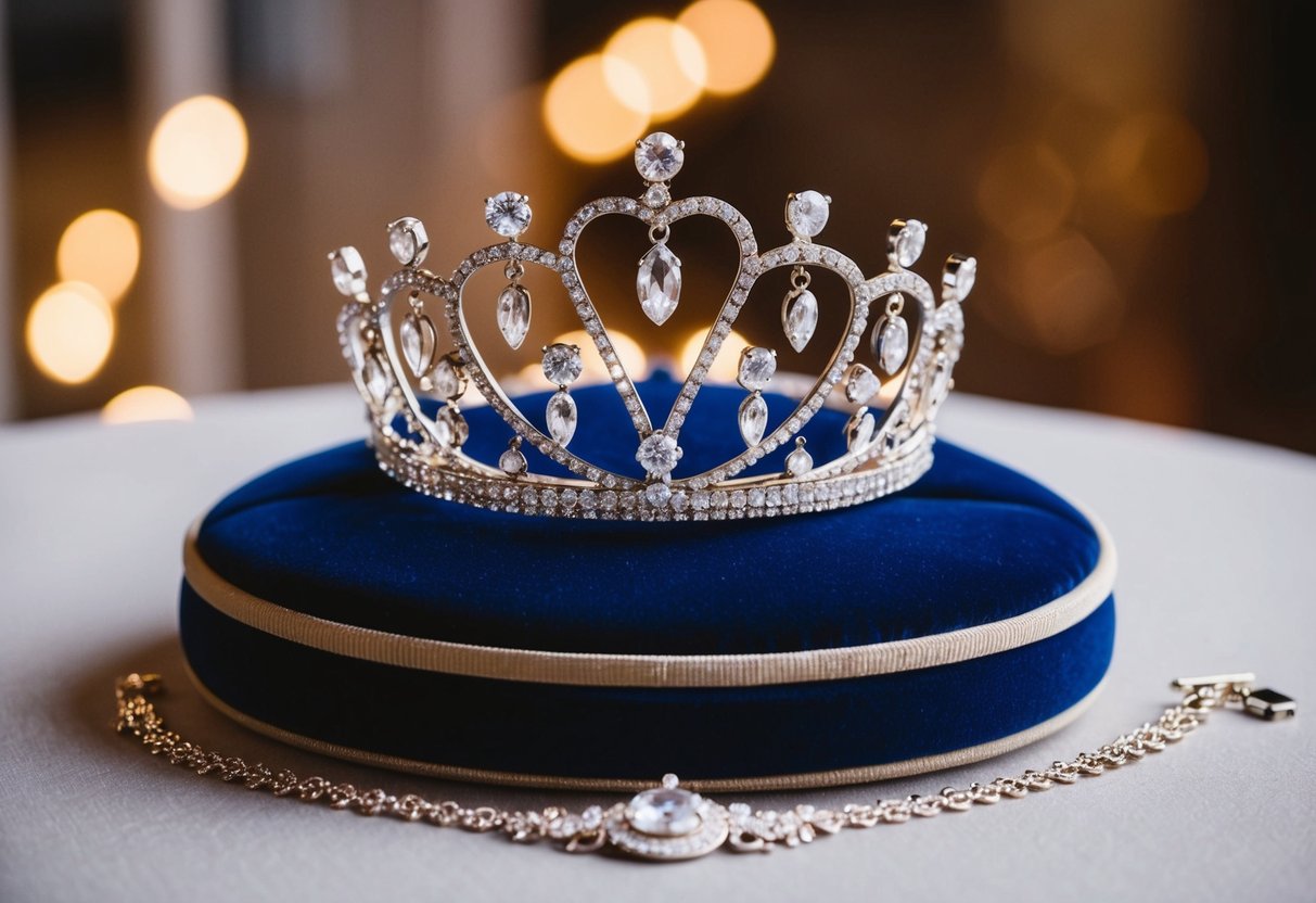 A sparkling tiara and elegant jewelry displayed on a velvet cushion