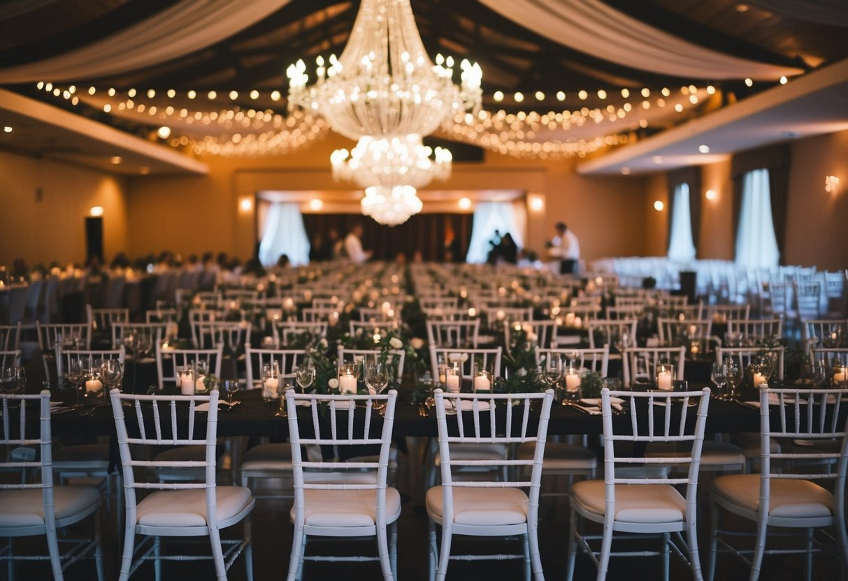 A crowded wedding venue with empty seats