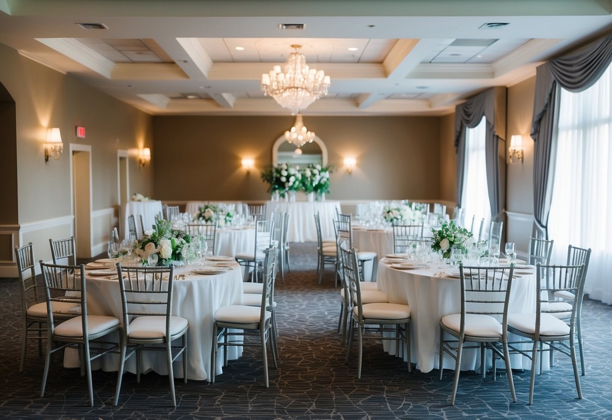 A beautifully decorated wedding venue with empty chairs and tables, indicating a low attendance rate