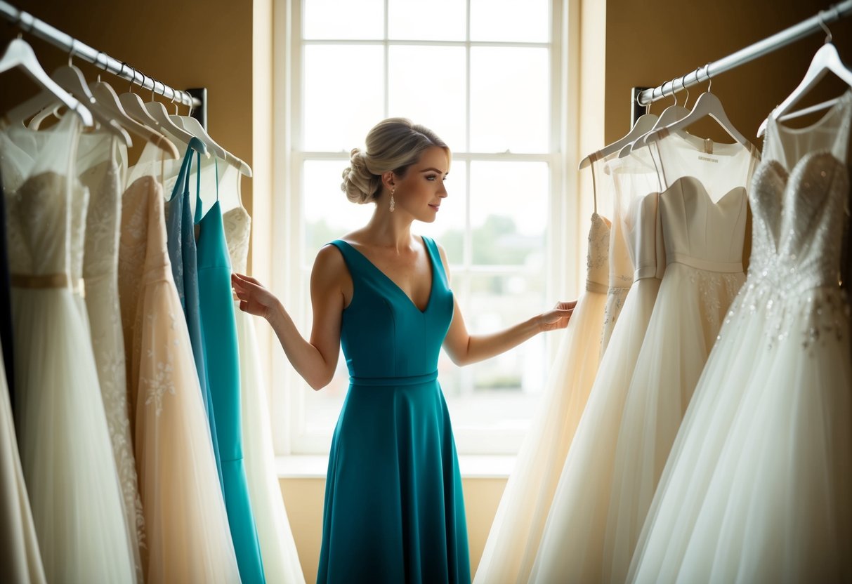 A woman stands in front of a rack of wedding dresses, looking through the options with a concerned expression. The sun shines through the window, casting a warm glow on the scene