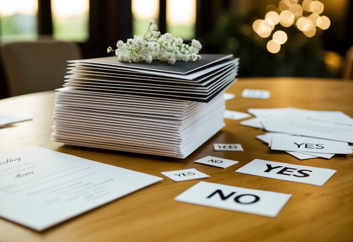 A table with a stack of wedding invitations and a pile of RSVP cards, with a few scattered on the table, some marked "yes" and some "no."