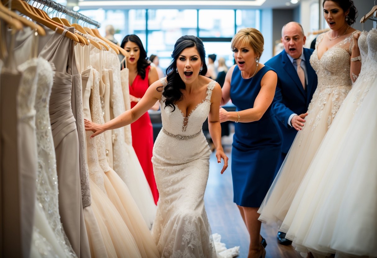 A bride frantically searches through racks of wedding dresses in a bustling boutique, with salespeople rushing to assist her
