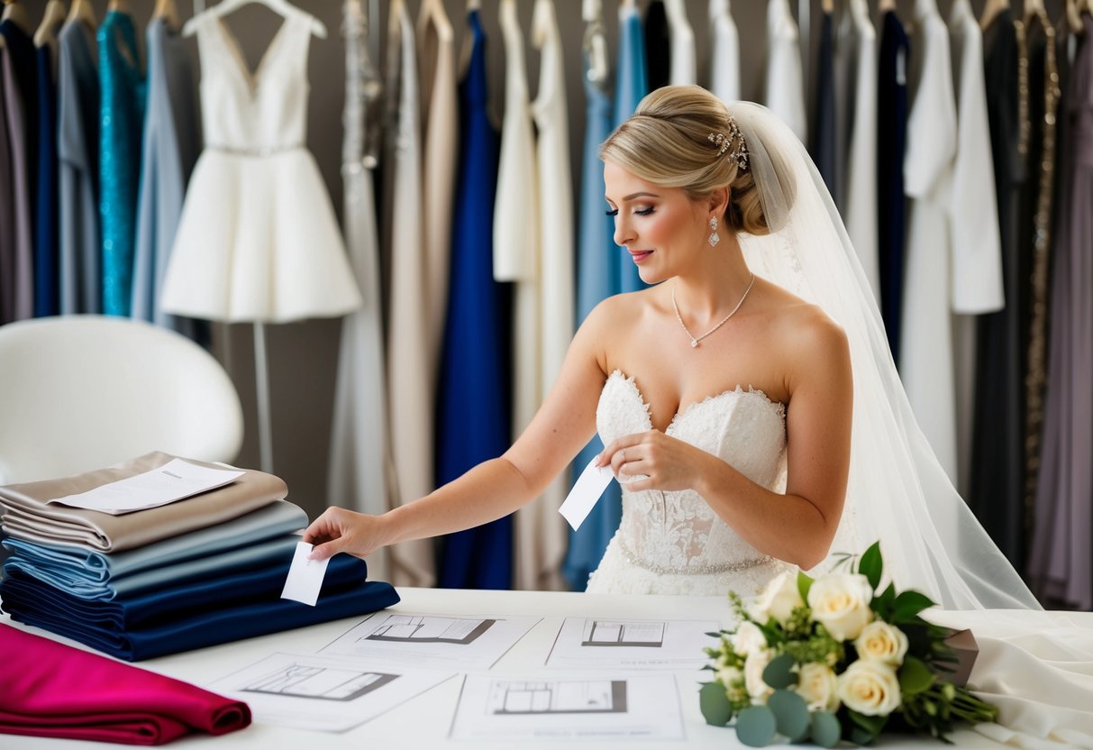 A bride surrounded by luxurious fabrics and design sketches, comparing price tags