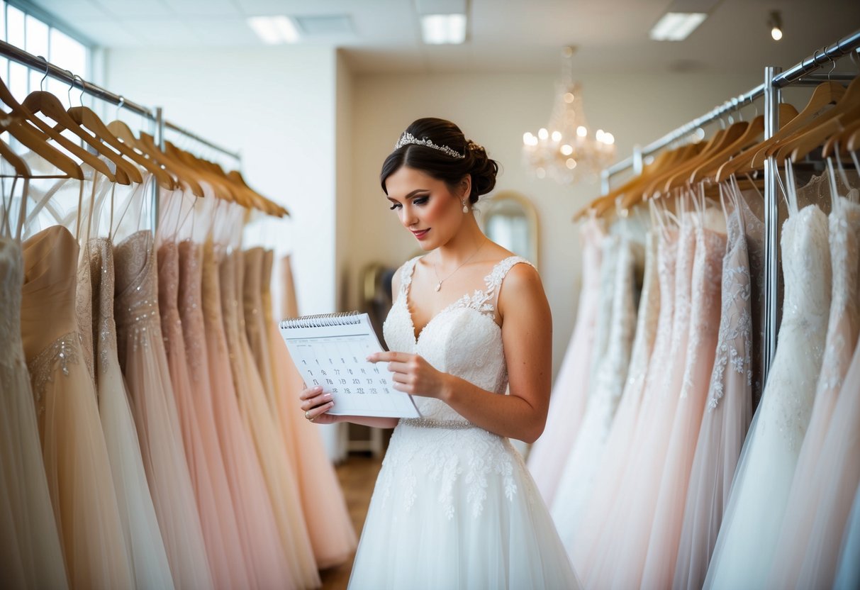 A bride standing in a bridal shop, surrounded by racks of wedding dresses, looking at a calendar with a concerned expression