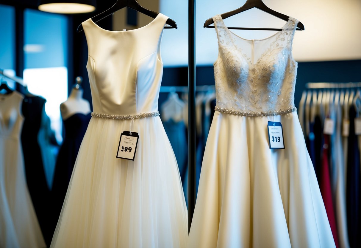 A custom wedding dress and an off-the-rack dress side by side, with price tags displayed