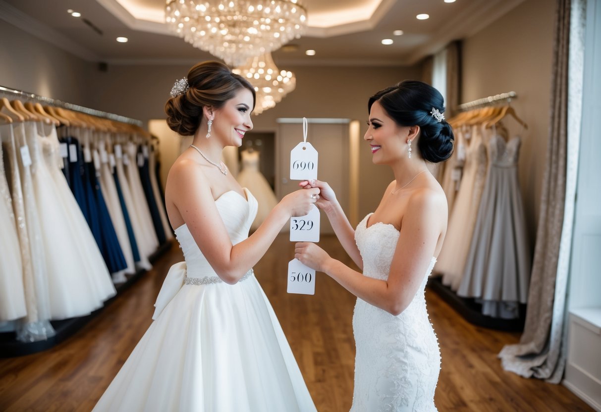 A bride comparing price tags of a traditional wedding dress and a custom-made gown in a luxurious bridal boutique
