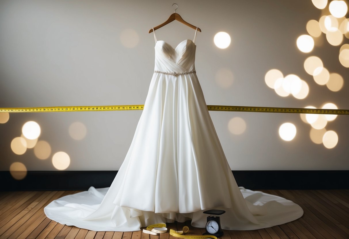 A wedding dress hanging loosely on a mannequin, surrounded by measuring tape and a scale
