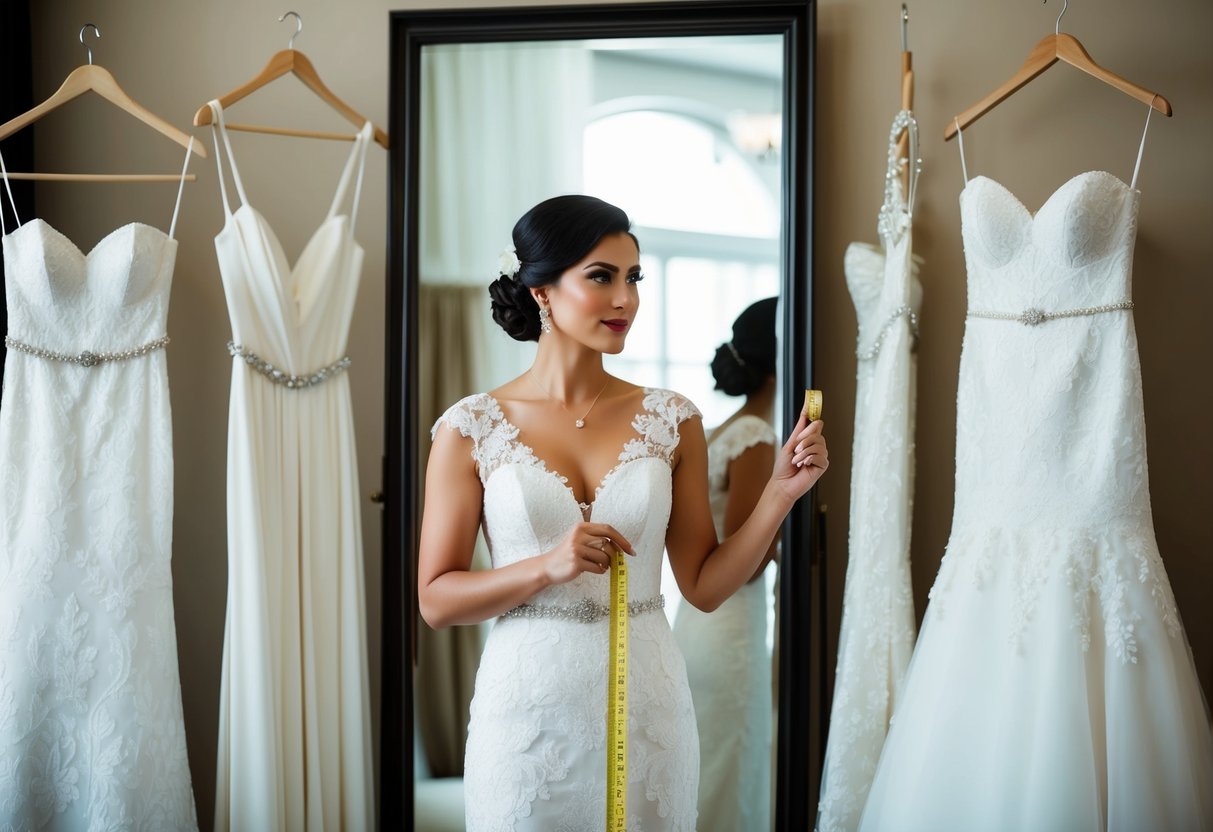 A woman standing in front of a mirror, surrounded by various sizes of wedding dresses, holding a measuring tape and looking determined