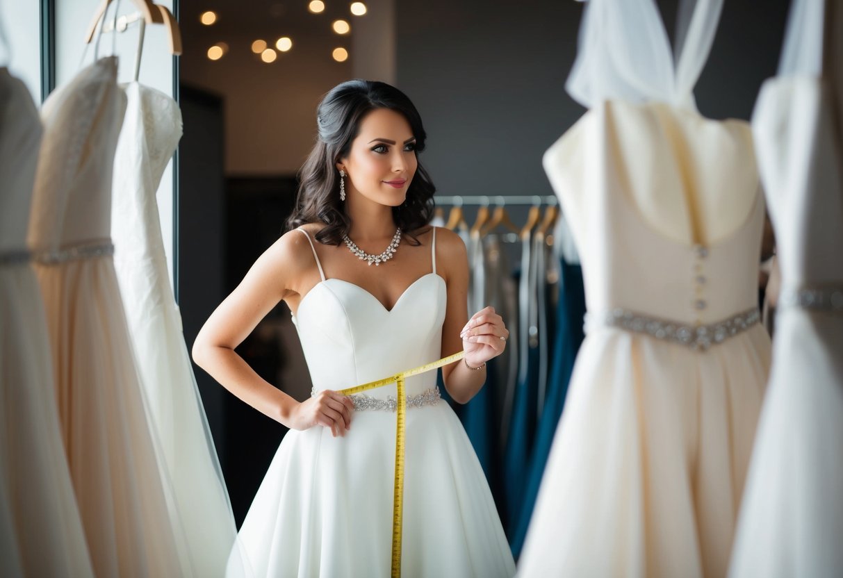 A woman browsing wedding dresses, holding a tape measure and looking at herself in the mirror with a determined expression