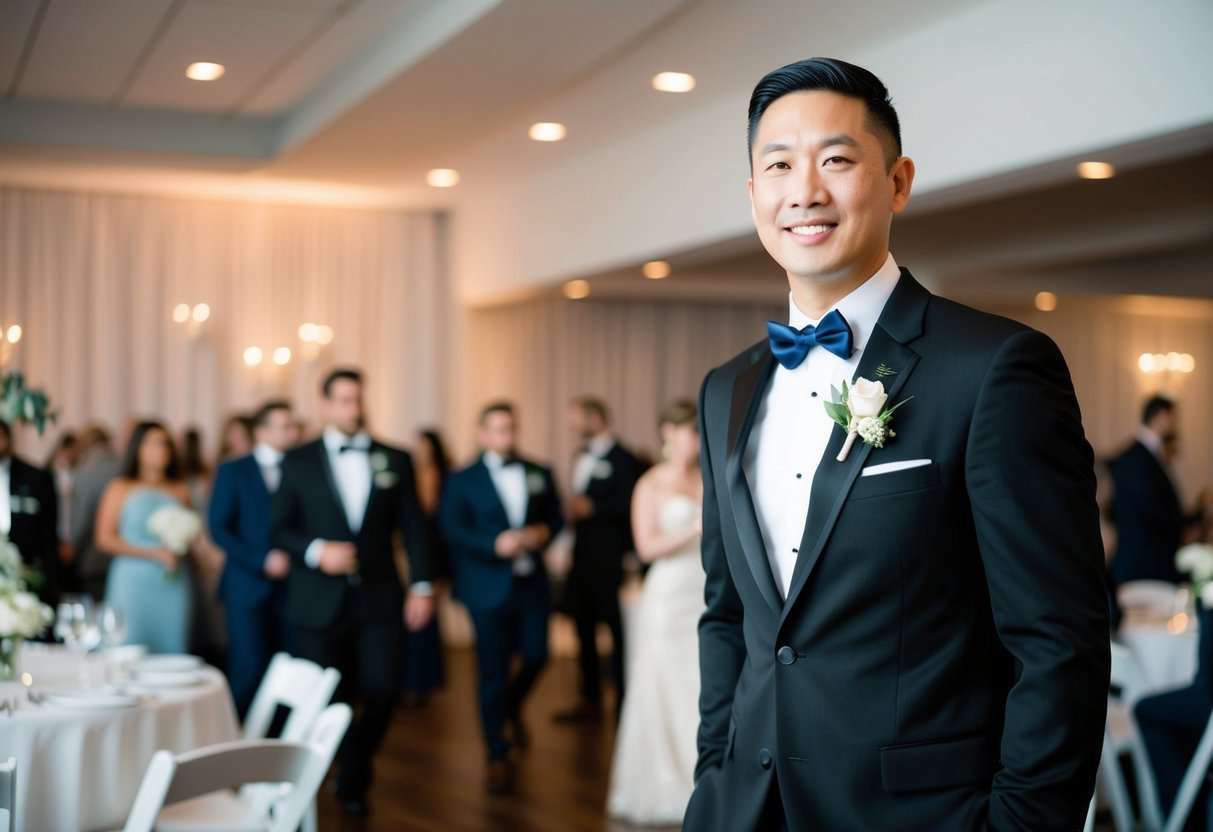 A wedding coordinator wearing a sleek black suit with a crisp white shirt and a coordinating tie or bowtie, standing amidst a bustling wedding reception venue