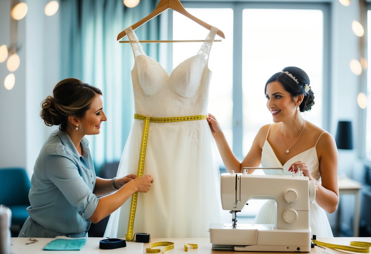 A wedding dress hanging on a hanger, surrounded by measuring tape, pins, and a sewing machine. A seamstress adjusts the fabric, while the bride looks on with a hopeful expression
