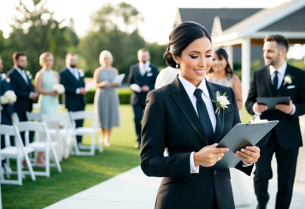 A day-of wedding coordinator in a sleek black suit and tie, holding a clipboard and coordinating with vendors at the wedding venue
