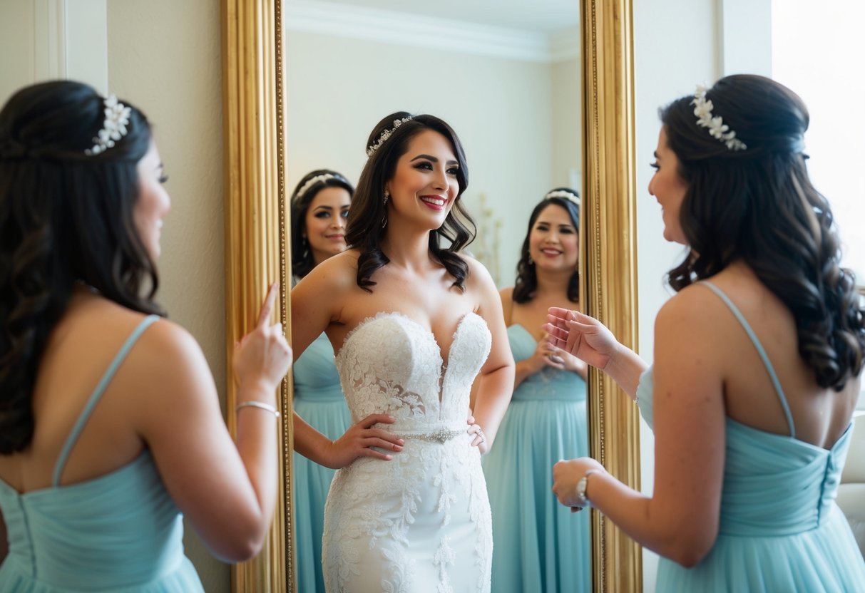 A woman tries on a wedding dress with a supportive friend, smiling as she admires herself in the mirror