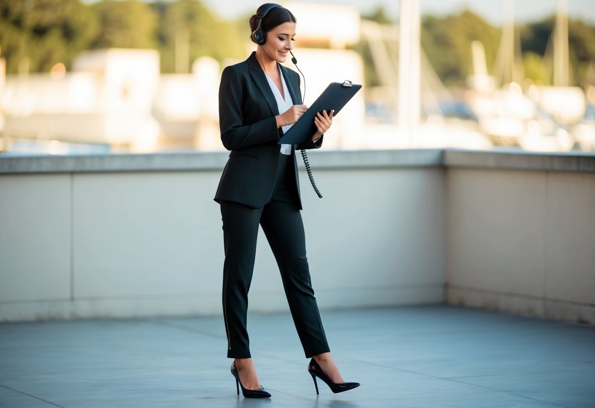 A day-of wedding coordinator wearing a sleek black blazer and coordinating pants, paired with elegant heels or dress shoes. They carry a clipboard and wear a headset for communication