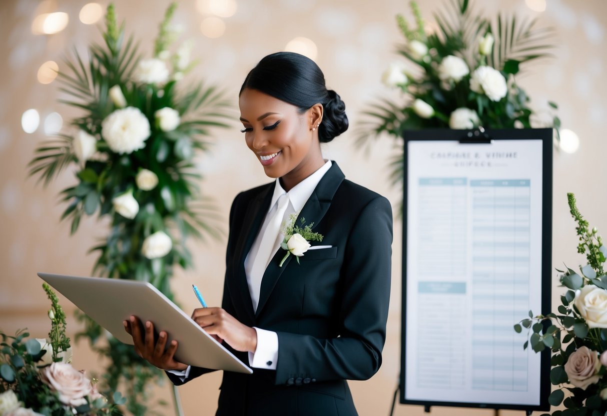 A wedding coordinator in a sleek black suit, holding a clipboard and checking a timeline on a laptop, surrounded by floral arrangements and a seating chart