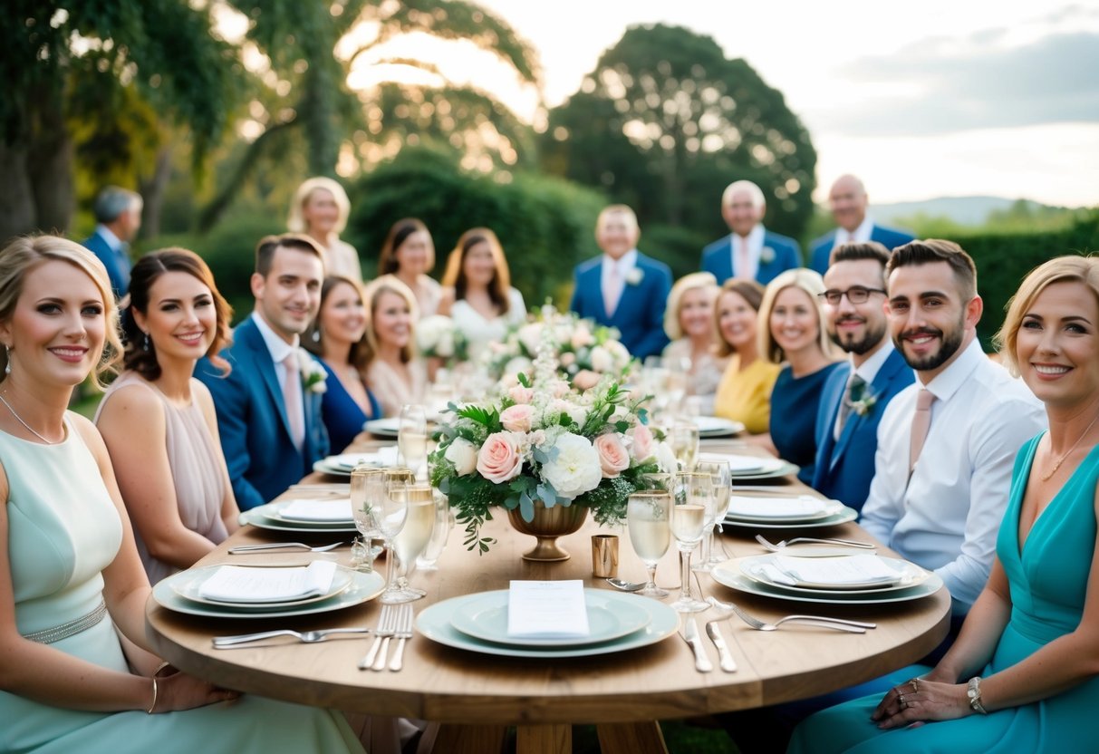 A table set with elegant place settings and floral centerpieces, surrounded by happy guests at a beautiful outdoor wedding venue