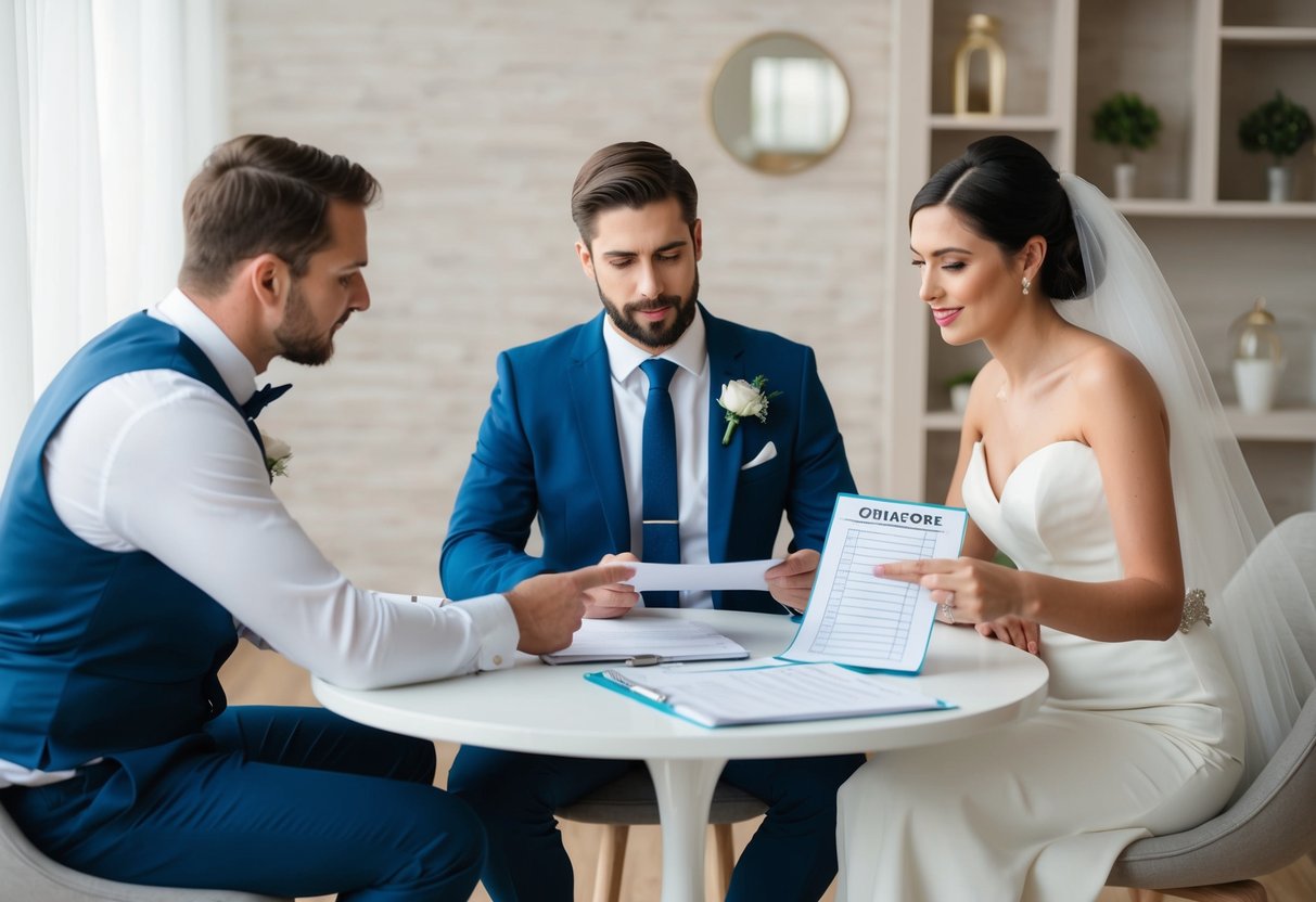 A bride and groom sit at a table with a wedding planner, discussing costs. The planner points to a detailed list of additional expenses